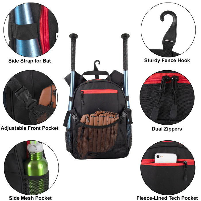 Youth Baseball & Softball Backpacks with Bat, Glove Mesh Pocket  - Black