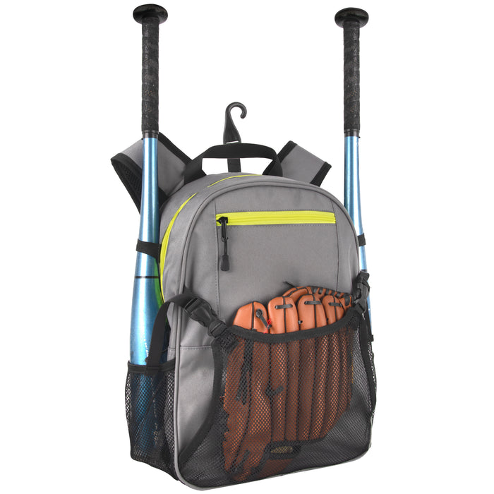 Youth Baseball & Softball Backpacks with Bat, Glove Mesh Pocket  - Grey