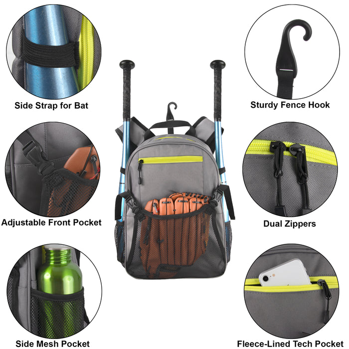 Youth Baseball & Softball Backpacks with Bat, Glove Mesh Pocket  - Grey