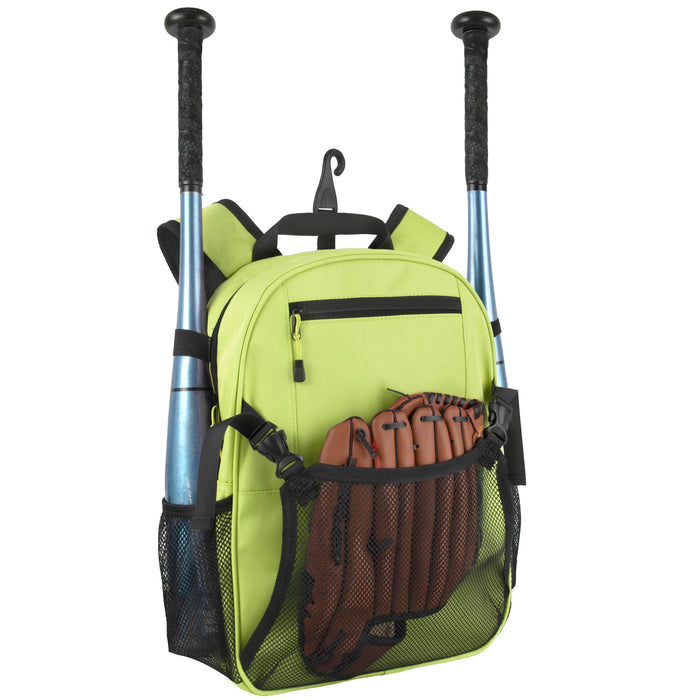 Youth Baseball & Softball Backpacks with Bat, Glove Mesh Pocket  - Lime Green