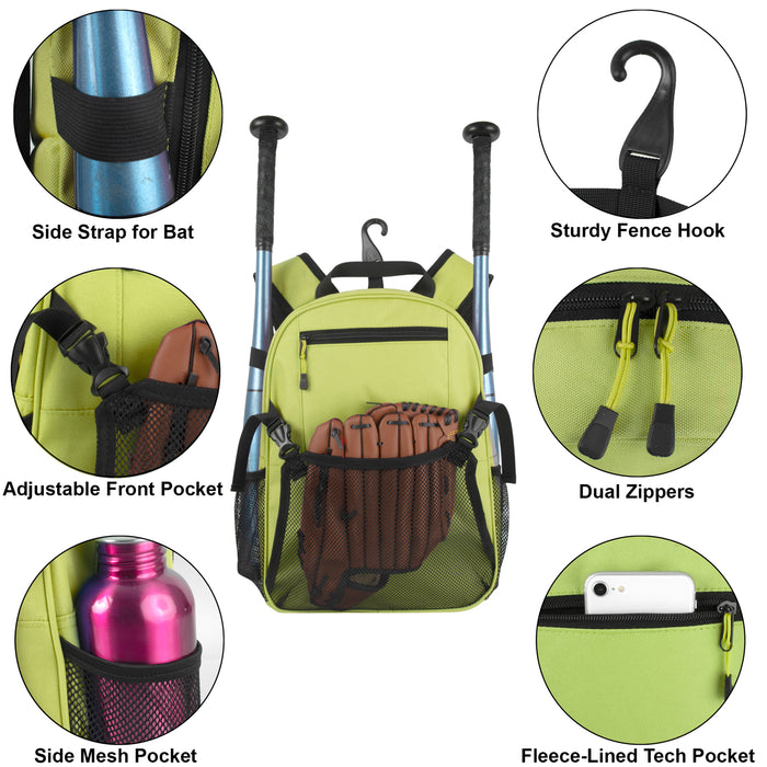 Youth Baseball & Softball Backpacks with Bat, Glove Mesh Pocket  - Lime Green