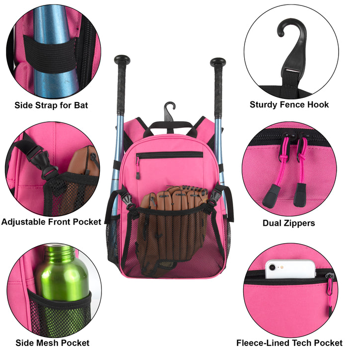 Youth Baseball & Softball Backpacks with Bat, Glove Mesh Pocket  - Pink