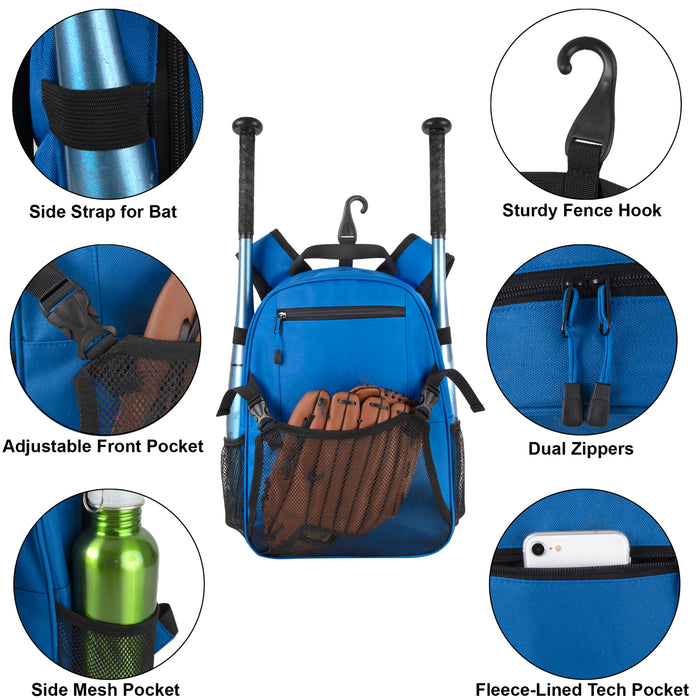 Youth Baseball & Softball Backpacks with Bat, Glove Mesh Pocket  - Blue
