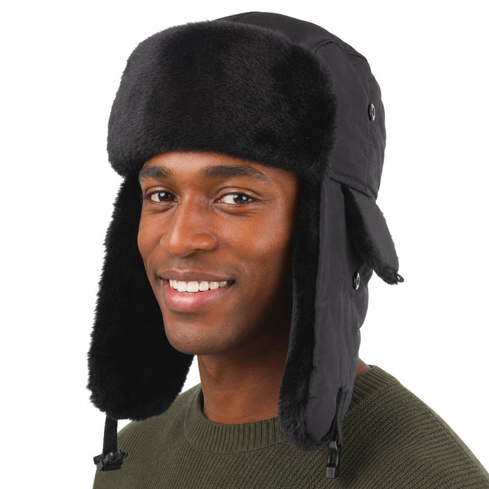 Adults Winter Faux Shearling Trapper Hat With Buckle - Black