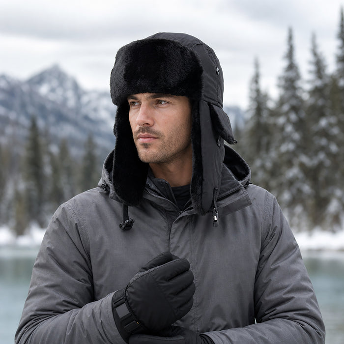 Adults Winter Faux Shearling Trapper Hat With Buckle - Black
