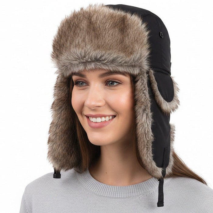 Adults Winter Faux Fur Trapper Hat With Buckle - Black