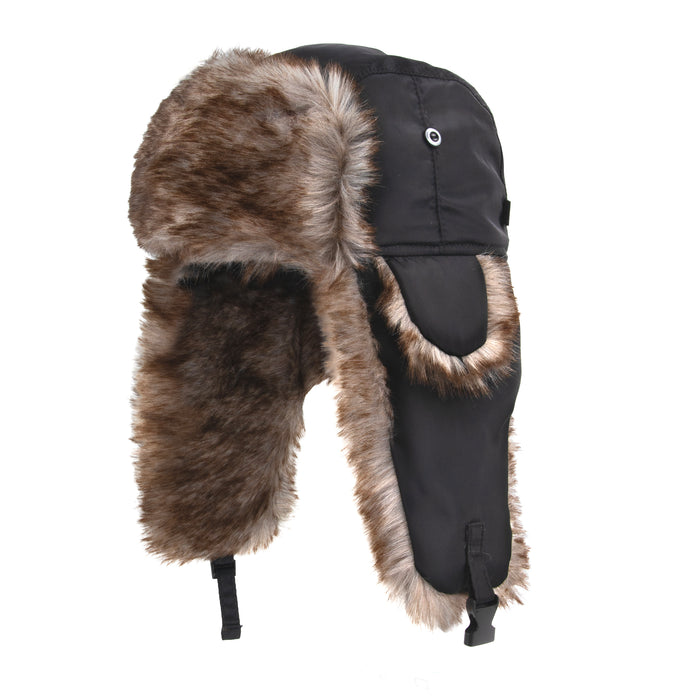 Adults Winter Faux Fur Trapper Hat With Buckle - Black
