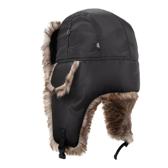 Adults Winter Faux Fur Trapper Hat With Buckle - Black