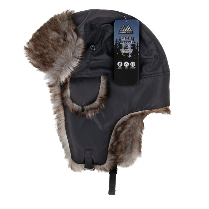 Adults Winter Faux Fur Trapper Hat With Buckle - Black