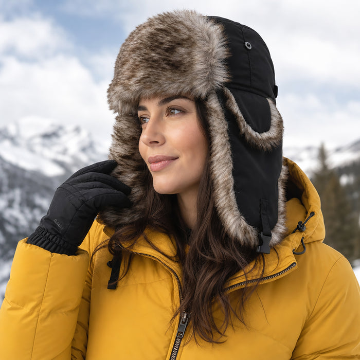 Adults Winter Faux Fur Trapper Hat With Buckle - Black