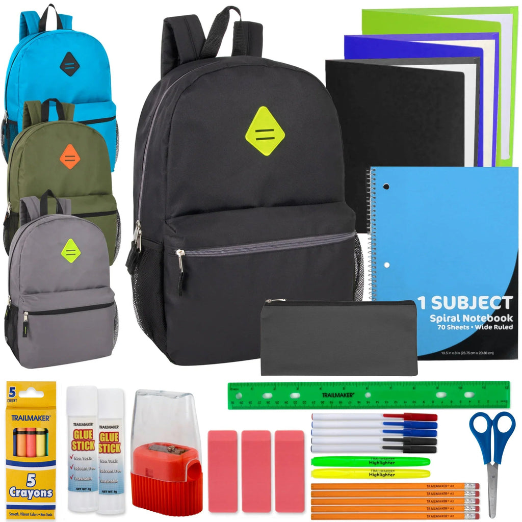 Trailmaker Backpacks With 30-Piece School Supply Kits, Assorted Colors, Pack Of 12 Sets