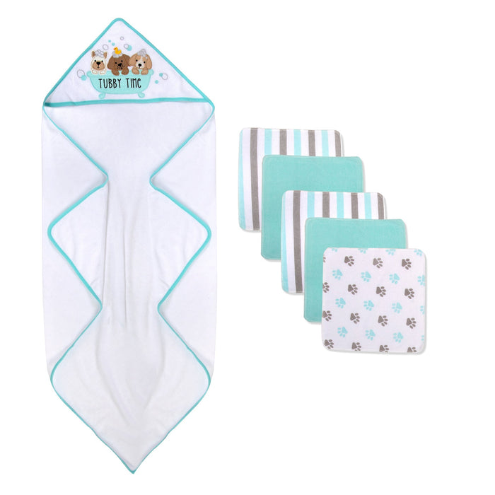 Puppy Hooded Bath Towel & 5 Wash Cloth Baby Bath Sets - BagsInBulk.com