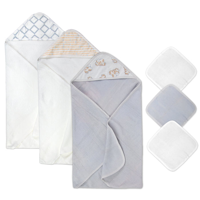 6 Piece Hooded Bath Towel & Wash Cloth Baby Bath Sets - Puppy Theme - BagsInBulk.com