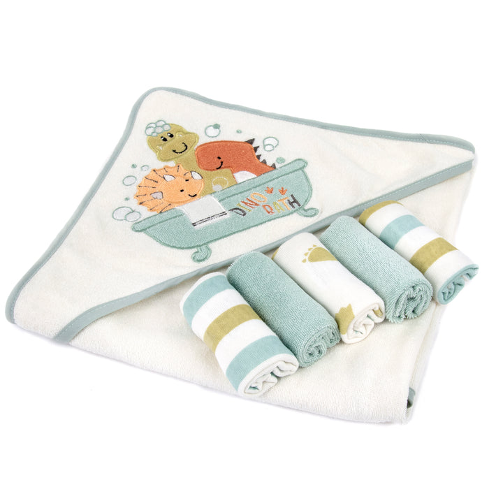 6-Piece Baby Bath Set with Hooded Towel & Wash Cloth - Little Dinosaurs - BagsInBulk.com