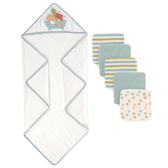 6-Piece Baby Bath Set with Hooded Towel & Wash Cloth - Little Dinosaurs - BagsInBulk.com