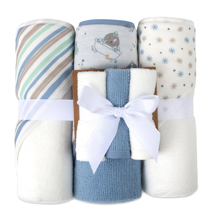 6 Piece Hooded Bath Towel & Wash Cloth Baby Bath Set - Puppy Theme - BagsInBulk.com