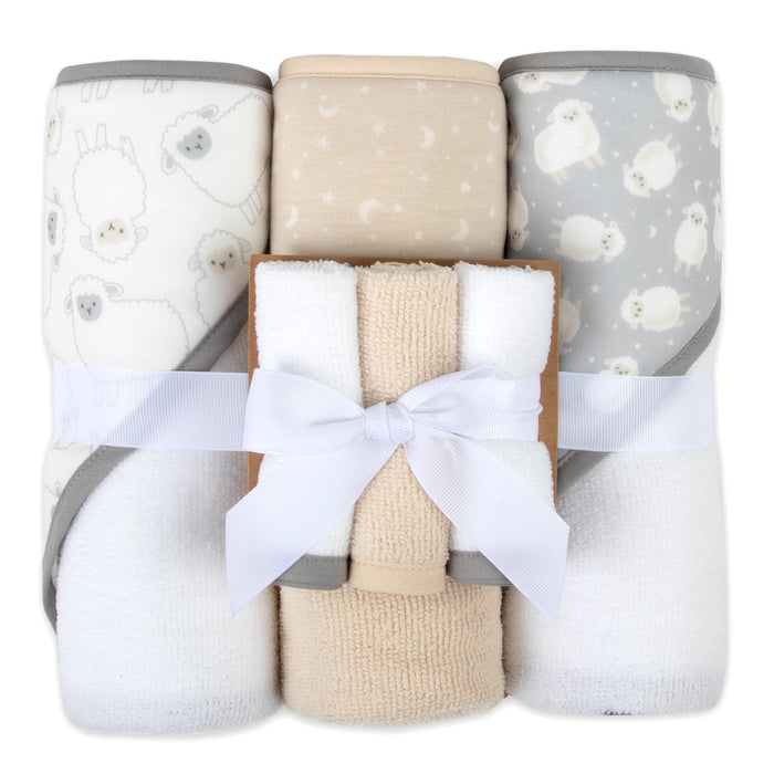 6 Piece Hooded Bath Towel & Wash Cloth Baby Bath Sets - Lamb Theme - BagsInBulk.com