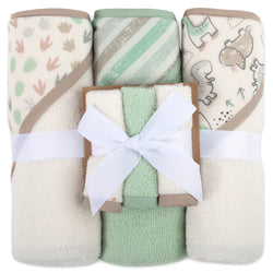 6 Piece Hooded Bath Towel & Wash Cloth Baby Bath Sets - Dinosaur Theme - BagsInBulk.com