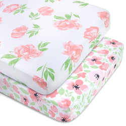 2-Pack Baby Crib Mattress Fitted Sheets - Floral Pink - BagsInBulk.com