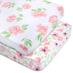 Baby Crib Mattress Fitted Sheets 2-Pack - Floral Pink - BagsInBulk.com