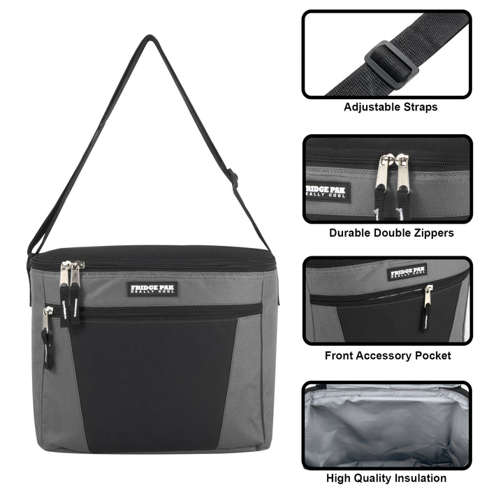 Grey Fridge Pak 12-can cooler bag with black front pocket, adjustable strap, double zippers, and PEVA lining.