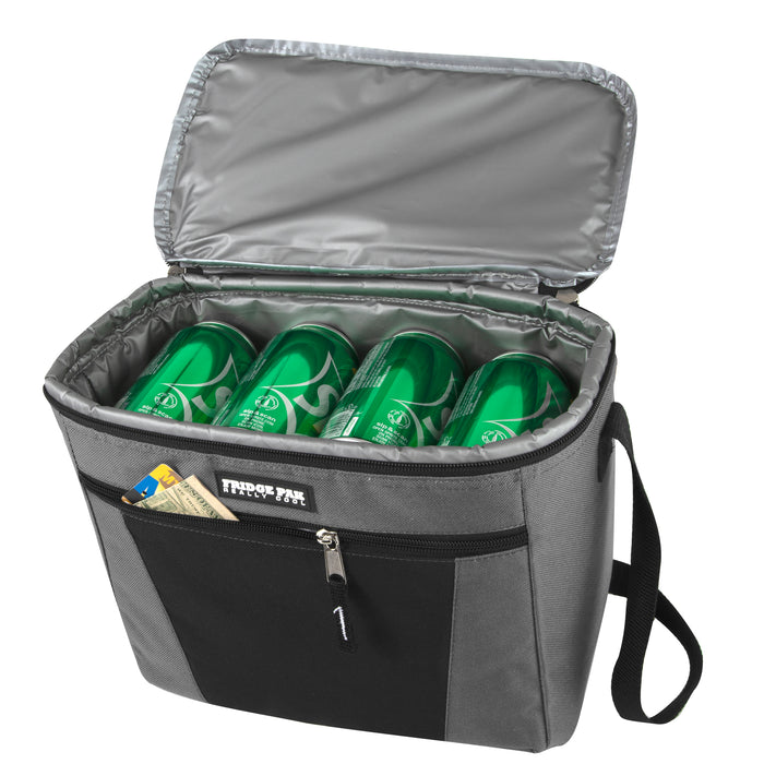 Grey 600D Polyester Fridge Pak 12-can cooler bag with open lid, PEVA lining, front zippered pocket, and four green cans.