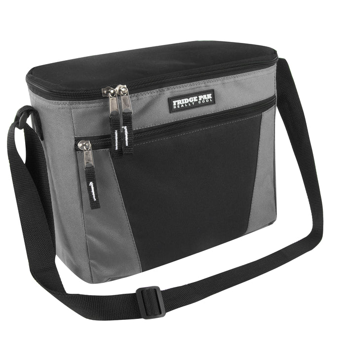 Grey and black 600D Polyester Fridge Pak 12-can cooler bag with front zippered pocket and shoulder strap.