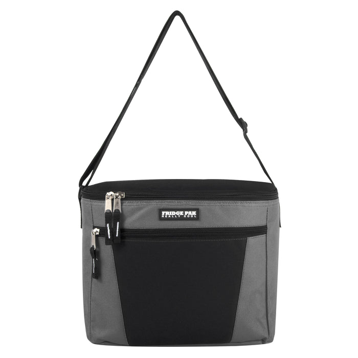 Grey 600D Polyester Fridge Pak 12-can cooler bag with black front pocket and shoulder strap.