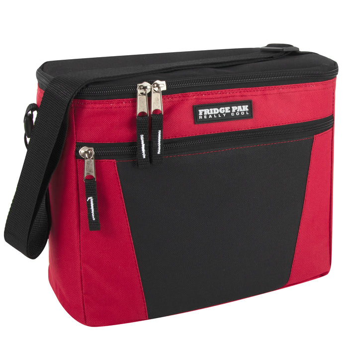 Red and black 600D polyester Fridge Pak 12-can cooler bag with front zippered pocket and shoulder strap.