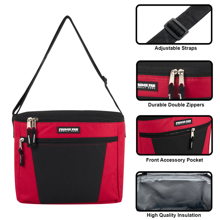 Red Fridge Pak 12-can cooler bag with black accents, front zippered pocket, adjustable strap, and durable zippers.