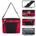 Red Fridge Pak 12-can cooler bag with black accents, front zippered pocket, adjustable strap, and durable zippers.