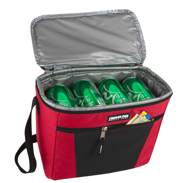 Red 600D Polyester Fridge Pak 12-can cooler bag with open lid, four green cans, and front zippered pocket.