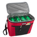 Red 600D Polyester Fridge Pak 12-can cooler bag with open lid, four green cans, and front zippered pocket.