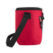 Red 600D polyester Fridge Pak 12-can cooler bag with black top zipper, front pocket, and shoulder strap.