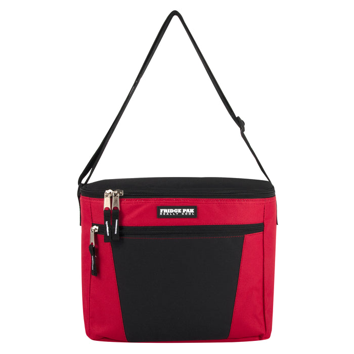 Red and black 600D polyester Fridge Pak 12-can cooler bag with front zippered pocket.