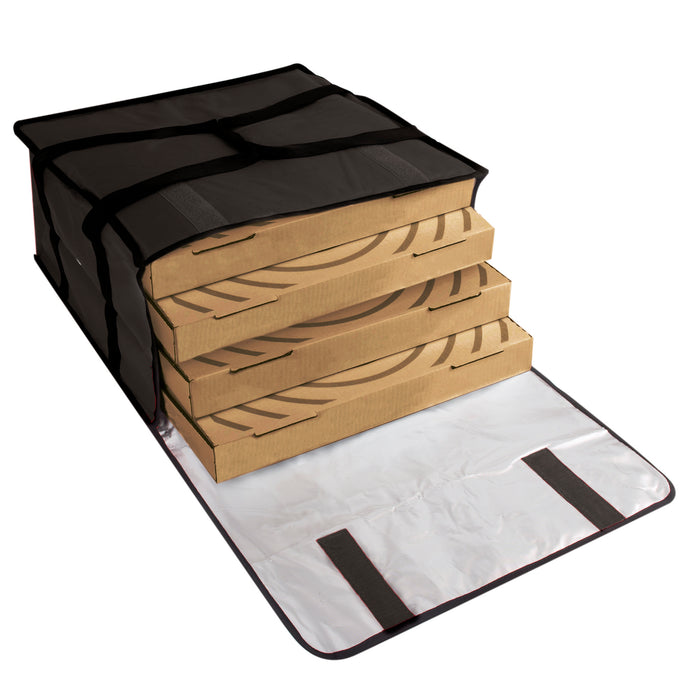 Black Trailmaker insulated pizza carrier with handle, holding three stacked pizza boxes.