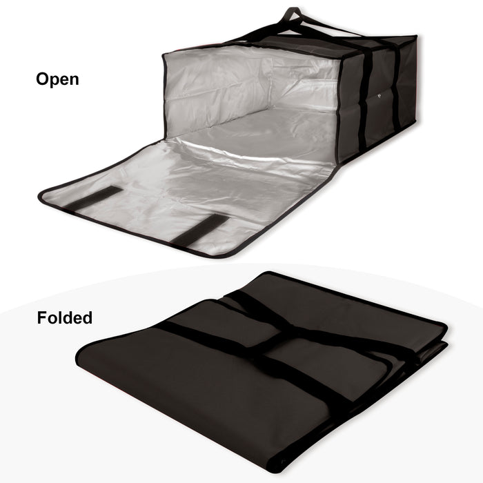 Black Trailmaker insulated pizza carrier, open showing silver lining, and folded flat for storage.