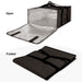 Black Trailmaker insulated pizza carrier, open showing silver lining, and folded flat for storage.
