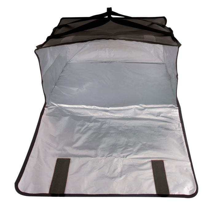Black Trailmaker insulated pizza carrier, open to show silver PEVA lining and Velcro closure.