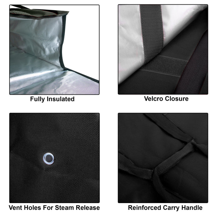 Black Trailmaker insulated pizza carrier, showing its silver interior, Velcro closure, vent hole, and reinforced handle.