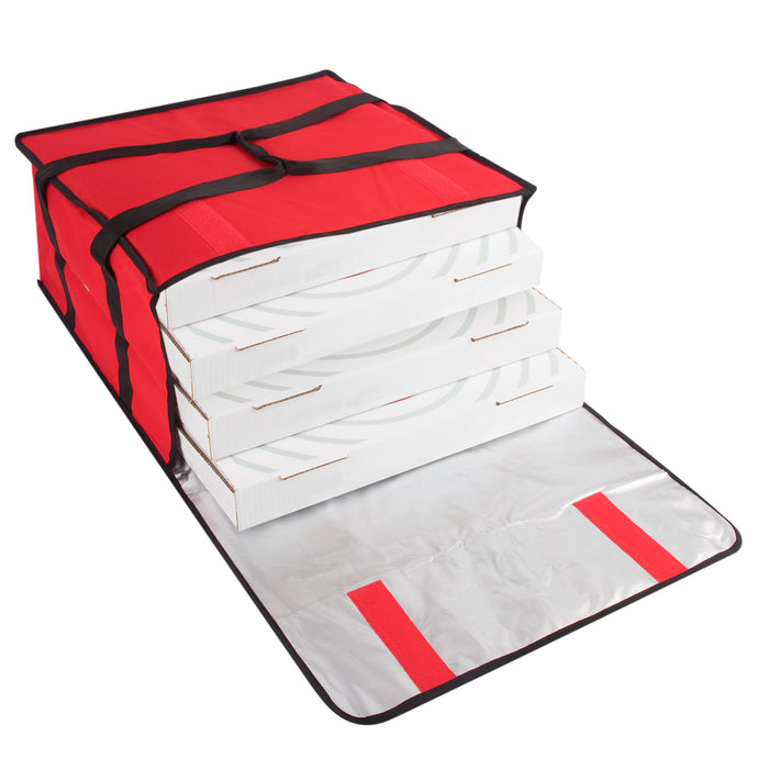 Red Trailmaker insulated pizza carrier with handle, open to show four stacked pizza boxes inside.