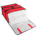 Red Trailmaker insulated pizza carrier with handle, open to show four stacked pizza boxes inside.