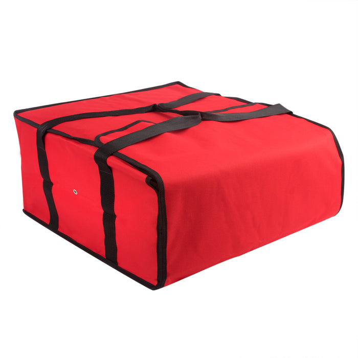 Red Trailmaker insulated pizza carrier with black handles and trim, folded flat.