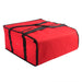 Red Trailmaker insulated pizza carrier with black handles and trim, folded flat.