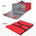 Red Trailmaker insulated pizza carrier, shown open with silver PEVA lining and folded flat for storage.