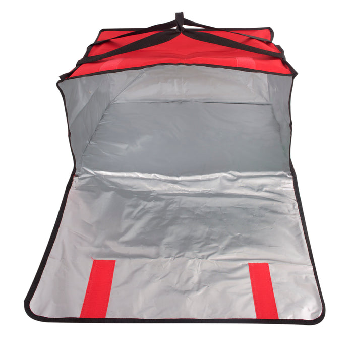 Red Trailmaker insulated pizza carrier, open to show silver PEVA lining, black trim, and Velcro handle.