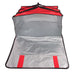 Red Trailmaker insulated pizza carrier, open to show silver PEVA lining, black trim, and Velcro handle.