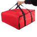 Hand holding a large, red Trailmaker insulated pizza carrier with black handles and Velcro closure.