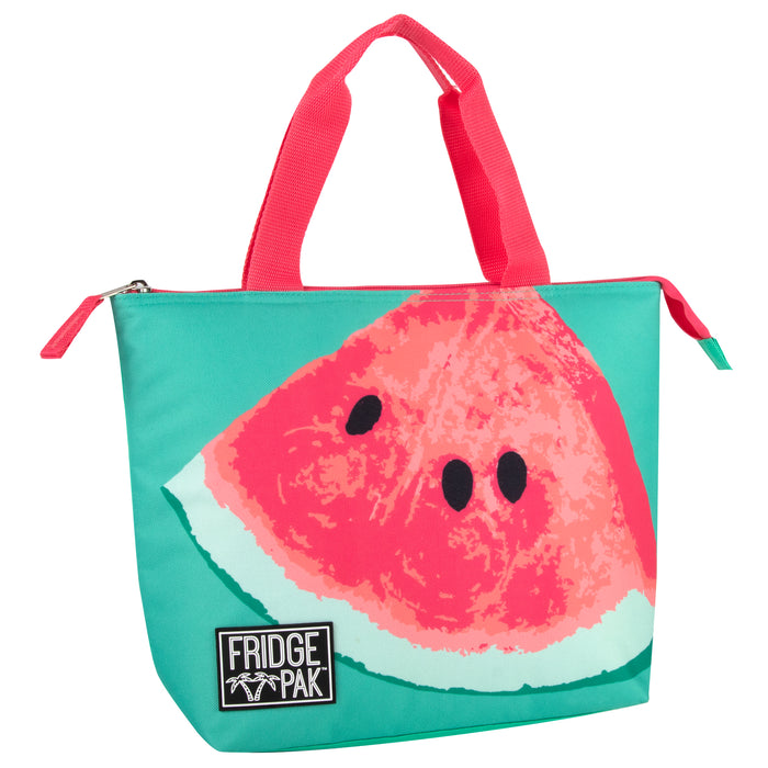 Fridge Pak insulated lunch tote in teal 600D polyester with a large watermelon print and red handles.