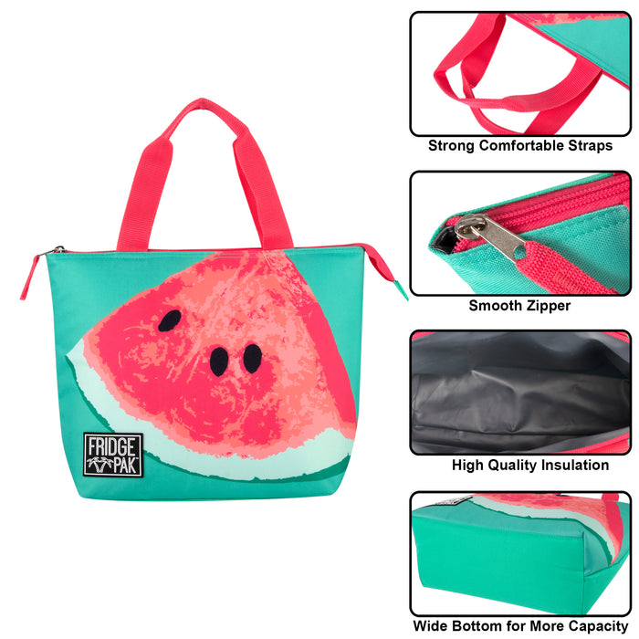 Turquoise Fridge Pak insulated lunch tote with a large watermelon slice print, strong pink straps, and smooth zipper.